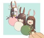  3girls :i animal_ears black_hair black_skin blue_eyes blush_stickers border chewing chibi chibi_only colored_skin dango eating final_fantasy final_fantasy_xiv flower food food_on_face from_above full_body green_background green_eyes green_kimono hair_flower hair_ornament head_on_hand highres holding holding_food holding_smoking_pipe hyur japanese_clothes kemonomimi_mode kimono kiseru long_hair looking_at_viewer mini_person minigirl mole mole_under_mouth multicolored_hair multiple_girls multiple_persona no_nose nyasa open_mouth out_of_frame outside_border rabbit_ears rabbit_girl rabbit_tail sanshoku_dango seiza simple_background sitting size_difference smoking_pipe split-color_hair straight_hair tail tail_through_clothes tiara tsukuyomi_(ff14) wagashi white_border white_hair white_skin yellow_collar yotsuyu_goe_brutus 