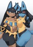 anthro anubis_(pal) big_breasts blue_body blue_eyes blue_fur breast_squish breasts brown_body canid canine curvy_figure digital_media_(artwork) duo eyelashes female female/female fingers fur generation_4_pokemon hi_res jewelry looking_at_viewer lucario mammal mitsu-inu nintendo pal_(species) palworld pocketpair pokemon pokemon_(species) red_eyes simple_background smile squish tail tan_body tan_fur tufted_fur voluptuous wide_hips