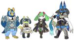 2014 3_fingers 3_toes ambiguous_gender anthro armor blue_body blue_eyes blue_fur canid canine canis cape clothed clothing feet fingers footwear fur generation_3_pokemon generation_4_pokemon generation_6_pokemon grey_eyes group hi_res honedge jackal kirlia lucario mammal melee_weapon nintendo pokemon pokemon_(species) prinplup purple_eyes red_eyes riolu satoren shiny_pokemon simple_background snout spikes standing sword toes weapon white_background