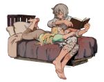  2girls artist_name barefoot bed blonde_hair book brown_pants clinging closed_eyes commentary dungeon_meshi english_commentary falin_thorden_(tallman) feathers from_side full_body green_eyes green_shirt grey_hair highres holding holding_book hug linktoo_doodles long_hair looking_at_another looking_up lying marcille_donato multiple_girls on_bed on_stomach pants pointy_ears shirt short_hair short_sleeves signature simple_background smile white_background white_shirt yuri 