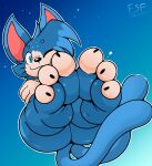 2_tails 3_toes anthro blue_body blue_fur domestic_cat electricsnowfox feet feet_up felid feline felis foot_focus fur hi_res humanoid_feet male mammal multi_tail nude plantigrade soles solo tail thick_thighs toes white_body white_fur