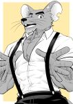 2024 absurd_res anthro black_nose cheesemaster_(cookie_run) clothing cookie_run grey_body hi_res humanoid_hands male mammal murid murine muscular muscular_male open_mouth rat rodent shirt simple_background solo suspenders tofuboyz topwear