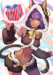  1girl animal_hood blunt_bangs bob_cut box breasts cat_hood cat_tail cowboy_shot dark-skinned_female dark_skin detached_sleeves fingerless_gloves fur_trim gift gift_box gloves green_eyes hinoru_saikusa hood looking_at_viewer medium_breasts menat navel purple_hair short_hair shorts solo street_fighter street_fighter_6 tail 