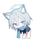  1girl animal_ear_fluff animal_ears barefoot black_jacket blue_archive blue_eyes blue_halo blue_scarf chibi doribae full_body grey_hair hair_between_eyes halo jacket long_sleeves medium_hair mismatched_pupils scarf shiroko_(blue_archive) simple_background solo white_background wolf_ears 