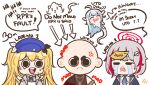  1boy 3girls amatsuka_uto angel angry bald black_skirt blonde_hair blue_hair blue_hat blue_jacket blue_necktie chibi crying dokibird_(vtuber) dtto. dtto._(2nd_costume) english_commentary hair_ornament hitominty jacket laughing multicolored_hair multiple_girls necktie red_hair reject_(esports) rpr shirt short_hair skirt skull_hair_ornament twintails utaite virtual_youtuber white_hair white_shirt 