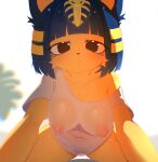 2024 animal_crossing ankha_(animal_crossing) anthro arm_tuft bedroom_eyes big_breasts bittersyrup black_nose blue_body blue_ears blue_fur blue_hair blush blush_lines bodily_fluids bottomless breasts cheek_tuft clothed clothing collarbone digital_media_(artwork) domestic_cat eyelashes eyelashes_through_hair facial_tuft felid feline felis female front_view fur hair headdress hi_res looking_at_viewer mammal multicolored_body multicolored_ears multicolored_fur narrowed_eyes nintendo nipples pink_nipples seductive shirt shoulder_tuft signature solo sweat t-shirt topwear translucent translucent_clothing translucent_hair translucent_topwear tuft uraeus white_clothing white_shirt white_t-shirt white_topwear yellow_body yellow_fur yellow_inner_ear