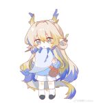  1girl :o absurdres aged_down ankle_socks arknights blonde_hair blue_hair blue_horns blue_shirt blue_tail brown_hair brown_horns child dragon_bubble_(arknights) dragon_girl dragon_horns dragon_tail full_body green_eyes grey_tail hair_between_eyes highres holding horns kindergarten_uniform ling_(arknights) long_hair long_sleeves looking_down miniskirt multicolored_hair orange_pupils ribbon-trimmed_socks ribbon_trim school_uniform shang_ge_promax shirt shu_(arknights) simple_background skirt socks solo standing tail watermark weibo_logo white_background white_skirt white_socks yellow_tail 