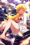  1girl absurdres artist_name asami-chan bakemonogatari barefoot blonde_hair blush_stickers bow breasts cloud collarbone dress falling_leaves highres leaf long_hair monogatari_(series) oshino_shinobu pointy_ears red_bow sitting sky small_breasts solo sundress white_dress yellow_eyes 