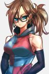 1girl alternate_hairstyle android_21 arms_at_sides bare_shoulders blue_dress blue_eyes breasts brown_hair checkered checkered_dress dragon_ball dragon_ball_fighterz dress earrings expressionless glasses grey_background hood hood_down hooded_dress hoop_earrings jewelry long_hair looking_away ponytail red_dress simple_background solo st62svnexilf2p9 two-tone_dress upper_body 