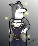 5:6 anthro barely_visible_nipples black_clothing black_dress canid canine canis clothing d13w0tt_(artist) dogs_in_space domestic_dog dress female flashlight fur galgo_espanol gold_(metal) gold_jewelry grey_body grey_fur hand_on_hip hi_res hollow_hip_dress hunting_dog jewelry looking_at_viewer mammal netflix nipples pose sighthound solo sprinkles_(dogs_in_space) white_body white_fur