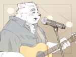 2024 anthro blush bodily_fluids canid canine canis clothing domestic_dog electronics guitar hi_res inunoshippo kemono male mammal microphone musical_instrument overweight overweight_male plucked_string_instrument shirt simple_background solo string_instrument sweat topwear