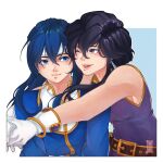  1boy 1girl :d belt black_hair blue_eyes blue_hair blush commission commissioner_upload earrings fire_emblem fire_emblem:_genealogy_of_the_holy_war gloves hair_between_eyes headband hug jewelry larcei_(fire_emblem) long_hair looking_at_another milkahia one_eye_closed open_mouth purple_tunic seliph_(fire_emblem) shirt short_hair simple_background smile tunic white_headband 