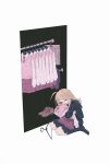  1girl ahoge akamatsu_kaede black_serafuku black_socks blonde_hair brown_footwear closed_eyes closet commentary danganronpa_(series) danganronpa_v3:_killing_harmony fox_(770205490) full_body hair_ornament hairclip hangar highres holding holding_clothes long_hair no_shoes open_mouth pink_skirt pink_vest pleated_skirt school_uniform serafuku shirt shoes simple_background skirt socks solo spoilers unworn_shoes vest white_background white_shirt 