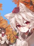  2girls animal_ear_fluff animal_ears autumn autumn_leaves bird_wings black_skirt black_wings blush brown_hair buttons closed_mouth commentary_request detached_sleeves hat highres inubashiri_momiji long_sleeves looking_at_viewer miyuf_1 multiple_girls outdoors pom_pom_(clothes) red_eyes red_hat red_scarf scarf shameimaru_aya shirt short_hair skirt tokin_hat touhou tree white_hair white_shirt wings wolf_ears 