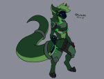anthro armor athletic chest_tuft cybernetics cyborg fur green_body green_eyes green_fur hi_res long_tail machine male protogen robot screen simple_background simple_coloring solo tail tqualizer trancer_(tqualizer) tube tuft visor