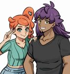 1boy 1girl alternate_costume commentary_request dark-skinned_male dark_skin echizen_(n_fns17) green_nails green_shirt grin hand_on_another&#039;s_shoulder hands_up highres leon_(pokemon) long_hair looking_at_viewer nail_polish pokemon pokemon_swsh purple_hair ribbed_shirt shirt short_sleeves smile sonia_(pokemon) t-shirt teeth white_background yellow_eyes 