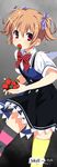  brown_hair food fruit grisaia_(series) grisaia_no_kajitsu irisu_makina mismatched_legwear mizuki_makoto school_uniform short_hair strawberry thighhighs zettai_ryouiki 