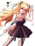  1girl alisa_reinford blonde_hair boom_microphone commentary_request dress eiyuu_densetsu fishnet_pantyhose fishnets floating_hair highres holding holding_microphone_stand long_hair microphone microphone_stand one_eye_closed open_mouth pantyhose red_eyes riwancece_428 sen_no_kiseki sleeveless smile twintails v 
