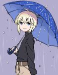  1girl aida_yuu belt blonde_hair blue_eyes flat_chest gunslinger_girl highres holding holding_umbrella long_sleeves looking_at_viewer rain rico_(gunslinger_girl) short_hair smile solo standing turtleneck umbrella upper_body 