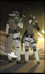 anthro armor clothing digital_drawing_(artwork) digital_media_(artwork) duo explosion fire gun hat headgear headwear herm hi_res indyee intersex intersex/male laser male mask military military_cap plate ranged_weapon uniform weapon