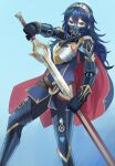  1girl absurdres armor blue_cape blue_eyes blue_gloves blue_hair brand_of_the_exalt cape falchion_(fire_emblem) fingerless_gloves fire_emblem fire_emblem_awakening gloves highres jourd4n long_hair lucina_(fire_emblem) mask tiara two-tone_cape 