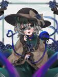  1girl black_hat blue_bow blue_bowtie blue_flower blue_rose bow bowtie buttons commentary diamond_button eyeball flower frilled_shirt_collar frilled_sleeves frills green_eyes green_hair green_skirt hat hat_bow hat_flower heart heart_of_string highres komeiji_koishi long_sleeves looking_at_viewer miyuf_1 open_mouth rose shirt short_hair skirt smile solo third_eye touhou wide_sleeves yellow_bow yellow_shirt 