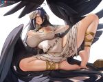  1girl :q albedo_(overlord) barefoot black_feathers black_nails black_wings blush breasts demon_girl demon_horns demon_wings english_commentary feathered_wings feathers grabbing_own_breast greatodoggo highres hip_vent horns large_breasts long_hair low_horns low_wings nail_polish naughty_face one_breast_out overlord_(maruyama) slit_pupils smile solo spread_legs toenail_polish toenails tongue tongue_out white_horns wings 