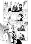  2girls bag bangs collarbone comic couch formal greyscale hair_over_one_eye hayami_kanade heart highres idolmaster idolmaster_cinderella_girls jewelry long_sleeves monochrome multiple_girls necklace necktie open_mouth p-head_producer pale_skin parted_bangs producer_(idolmaster) shirasaka_koume short_hair sitting suit television translated wemu_(ivycrown) 