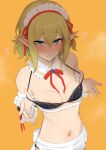  1girl apron bikini bikini_pull black_bikini blonde_hair blue_eyes blush breasts closed_mouth clothes_pull commentary_request dungeon_ni_deai_wo_motomeru_no_wa_machigatteiru_darou_ka elf gobi_(jtnyrwbkohiqsuldg) hair_between_eyes heart highres maid maid_bikini maid_headdress medium_breasts medium_hair navel orange_background pointy_ears ryu_lion simple_background smile solo swimsuit unconventional_maid 