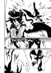  blood blood_from_mouth clenched_teeth detached_sleeves face greyscale hat highres himekaidou_hatate judo_fuu monochrome multiple_girls open_mouth shameimaru_aya simple_background speech_bubble sword talking teeth text_focus touhou translated upper_body weapon white_background wings 