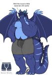 absurd_res anthro barazoku belly belly_scales black_clothing blue_body blue_eyes boxer_briefs boxers_(clothing) bulge christopher_wyvern claws clothed clothing dialogue dragon hand_on_chin hand_on_hip hi_res male markings marvolk membrane_(anatomy) membranous_wings musclegut muscular mythological_creature mythological_scalie mythology nipple_fetish nipple_piercing nipples partially_clothed pecs piercing pubes scales scalie slightly_chubby slightly_chubby_male solo tail tail_markings tail_tuft thick_thighs tuft underwear wing_claws wings