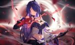  1girl acheron_(honkai:_star_rail) belt black_belt breasts cleavage commentary hair_over_one_eye highres holding holding_sword holding_weapon honkai:_star_rail honkai_(series) katana long_hair looking_at_viewer medium_breasts midriff navel purple_eyes purple_hair single_bare_shoulder slalart solo sword upper_body very_long_hair weapon 