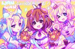  3girls animal_ear_fluff animal_ears animal_hands blonde_hair blue_dress blue_eyes blue_hair bone_hair_ornament breasts brown_hair cleavage dog_ears dog_girl dog_paws doughnut_hair_ornament dress food-themed_hair_ornament fuwawa_abyssgard hair_ornament heart heart_hair_ornament highres hololive hololive_english inugami_korone kasumi_koujou large_breasts looking_at_viewer mococo_abyssgard multicolored_hair multiple_girls one_eye_closed open_mouth pancake_hair_ornament pink_dress pink_eyes pink_hair siblings sisters smile streaked_hair tongue tongue_out twins virtual_youtuber white_dress 