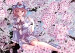  1girl blue_background blue_dress blue_hat blue_kimono cherry_blossoms cup dress frilled_kimono frills hat holding holding_cup japanese_clothes kimono kyabekko looking_at_viewer mob_cap pink_eyes pink_hair saigyouji_yuyuko smile solo touhou triangular_headpiece wide_sleeves 