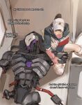  1boy 1girl arm_sling brown_hair chewing_gum closed_eyes commentary d.va_(overwatch) english_commentary english_text gauze_on_cheek highres humanoid_robot long_hair lying mechanical_arms omnic on_back overwatch overwatch_2 ponytail ramattra_(overwatch) repairing robot short_sleeves velinxi white_hat 