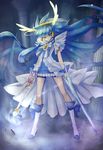  aoki_reika bad_id bad_pixiv_id bike_shorts blue blue_eyes blue_hair blue_skirt boots column crystal_sword cure_beauty dress dual_wielding hair_tubes head_wings highres holding ice knee_boots long_hair pillar precure princess_form_(smile_precure!) ryuuama skirt smile_precure! solo standing sword tiara very_long_hair weapon white_dress 