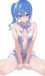  1girl absurdres arms_between_legs bare_shoulders blue_eyes blue_hair blush breasts breasts_apart center_opening closed_mouth cowboy_shot dot_nose fawny furrowed_brow hair_between_eyes highres hololive hoshimachi_suisei legs_apart long_hair looking_at_viewer medium_breasts meme_attire no_pants ribbed_sweater side_ponytail sidelocks simple_background sitting sleeveless sleeveless_sweater solo sweater turtleneck turtleneck_sweater virgin_killer_sweater virtual_youtuber wariza white_background white_sweater 