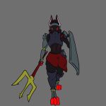 absurd_res anthro armor biohound fighters full-length_portrait gladiator glowing glowing_eyes hi_res male melee_weapon neck_tuft original_character_do_not_steal pauldron polearm portrait prosthetic prosthetic_arm prosthetic_limb red_eyes shield solo trident tuft warrior weapon worldbuilding