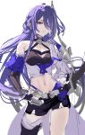  1girl absurdres acheron_(honkai:_star_rail) black_choker black_shorts choker commentary_request cowboy_shot crop_top elbow_gloves gloves hair_ornament highres honkai:_star_rail honkai_(series) long_hair looking_at_viewer midriff navel purple_eyes purple_hair rity short_shorts shorts simple_background single_bare_shoulder sketch solo standing thighs unfinished very_long_hair white_background 