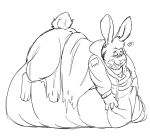 anthro belly big_belly black_and_white cameroo clothed clothing dizzy fur hair hand_on_belly hoodie huge_belly hyper hyper_belly lagomorph leporid lying male mammal monochrome morbidly_obese morbidly_obese_anthro morbidly_obese_male obese obese_anthro obese_male on_front overweight overweight_anthro overweight_male rabbit simple_background smile solo squean tongue tongue_out topwear torn_clothing weight_gain white_background