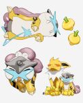  ^_^ animal_focus berry_(pokemon) blush claws closed_eyes closed_mouth commentary fangs highres jolteon lying midori8_10 no_humans on_back pokemon pokemon_(creature) purple_hair raikou red_eyes simple_background sitting symbol-only_commentary white_background yellow_fur 