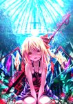  blonde_hair blood cross dress fangs flandre_scarlet flower gem laevatein leaf looking_at_viewer md5_mismatch open_mouth orange_eyes ryosios side_ponytail sitting slit_pupils solo touhou wings 