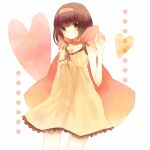  1girl asaka_yumetsuki bare_arms bare_legs blunt_bangs bob_cut bow brown_eyes brown_hair cape choker collarbone cowboy_shot dots dress dress_bow expressionless frilled_dress frills hairband hand_up heart looking_at_viewer orange_cape original red_choker short_hair standing yellow_dress 