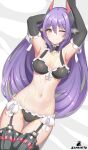  1girl absurdres android ass_visible_through_thighs bikini breasts cleavage frilled_bikini frills garter_straps highres long_hair lying maid maid_bikini navel on_back one_eye_closed poppi_(xenoblade) poppi_qtpi_(xenoblade) purple_hair robot_ears smile solo stomach swimsuit thigh_gap unconventional_maid very_long_hair xenoblade_chronicles_(series) yellow_eyes zambonito 