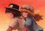  2girls blonde_hair blue_shirt brown_eyes brown_hair closed_eyes dorupi dusk fedora hat highres hug hug_from_behind long_hair maribel_hearn mob_cap multiple_girls neo-traditionalism_of_japan puffy_short_sleeves puffy_sleeves purple_skirt shirt short_hair short_sleeves skirt smile touhou upper_body usami_renko white_shirt wind 