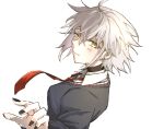  1girl ahoge black_choker black_nails blush choker earrings fate/grand_order fate_(series) grey_hair haji1nomo jeanne_d&#039;arc_alter_(fate) jewelry necktie red_necktie smile stud_earrings white_background yellow_eyes 