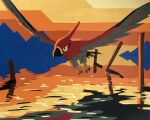  animal_focus backlighting bird black_eyes claws commentary flying highres horizon lake looking_to_the_side no_humans orange_sky paper_cutout_(medium) pokemon pokemon_(creature) reflection sky solo sunset talonflame tori_chiritsu traditional_media water 