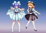  2girls angel_wings black_dress black_footwear blonde_hair blue_eyes blue_hair bow dress fedora full_body hair_bow hat mai_(touhou) medium_hair multiple_girls red_sash sash takemoto_izumi_(style) touhou touhou_(pc-98) white_bow white_dress white_footwear white_sash wings yatyou yellow_eyes yuki_(touhou) 