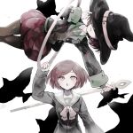  2girls :o belt belt_buckle bird black_hat black_jacket black_shirt black_sleeves blazer bow bowtie buckle buttons closed_mouth collar collared_shirt covered_eyes cowboy_shot crest crow danganronpa_(series) danganronpa_v3:_killing_harmony dated eyelashes grey_pantyhose grey_shirt grey_sleeves grey_vest hand_on_headwear hat hat_belt holding holding_hoop holding_staff hoop hula_hoop jacket long_sleeves looking_at_viewer miniskirt multiple_girls open_clothes open_jacket outstretched_arm pantyhose parted_lips pink_belt red_eyes red_hair red_skirt sailor_collar sailor_shirt school_uniform shirt short_hair signature simple_background skirt sleeves_past_wrists staff straight-on u_u_ki_u_u upper_body vest wavy_mouth white_background white_bow white_bowtie white_collar white_sailor_collar witch_hat yumeno_himiko 