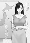  1girl blush breasts cleavage collarbone dress greyscale highres holding japan large_breasts long_hair map monochrome open_mouth original sleeveless sleeveless_dress solo tantanmen72 translation_request weathergirl 